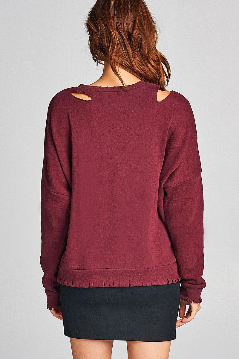Ladies fshion long sleeve distressed solid french terry top