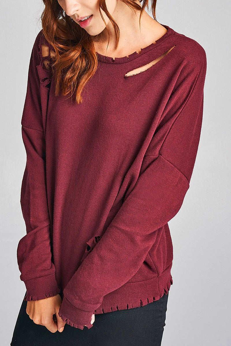 Ladies fshion long sleeve distressed solid french terry top