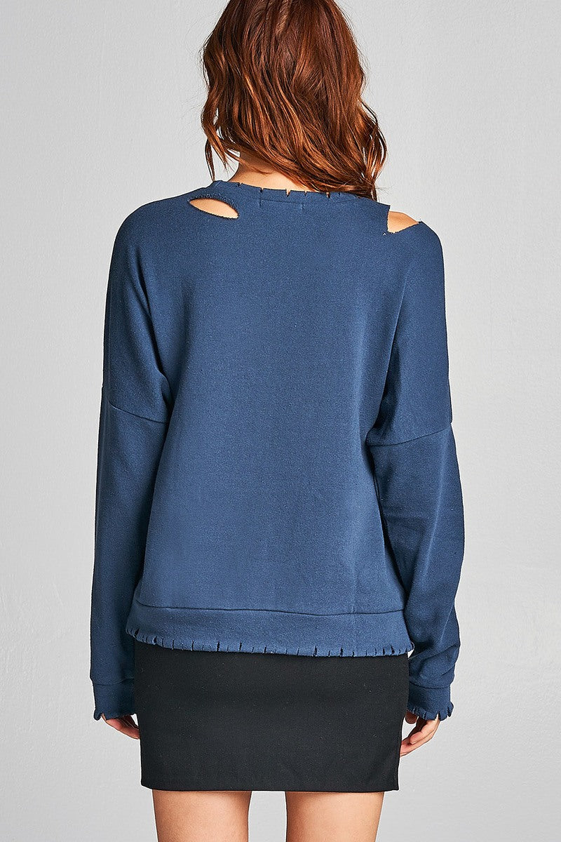 Ladies fshion long sleeve distressed solid french terry top