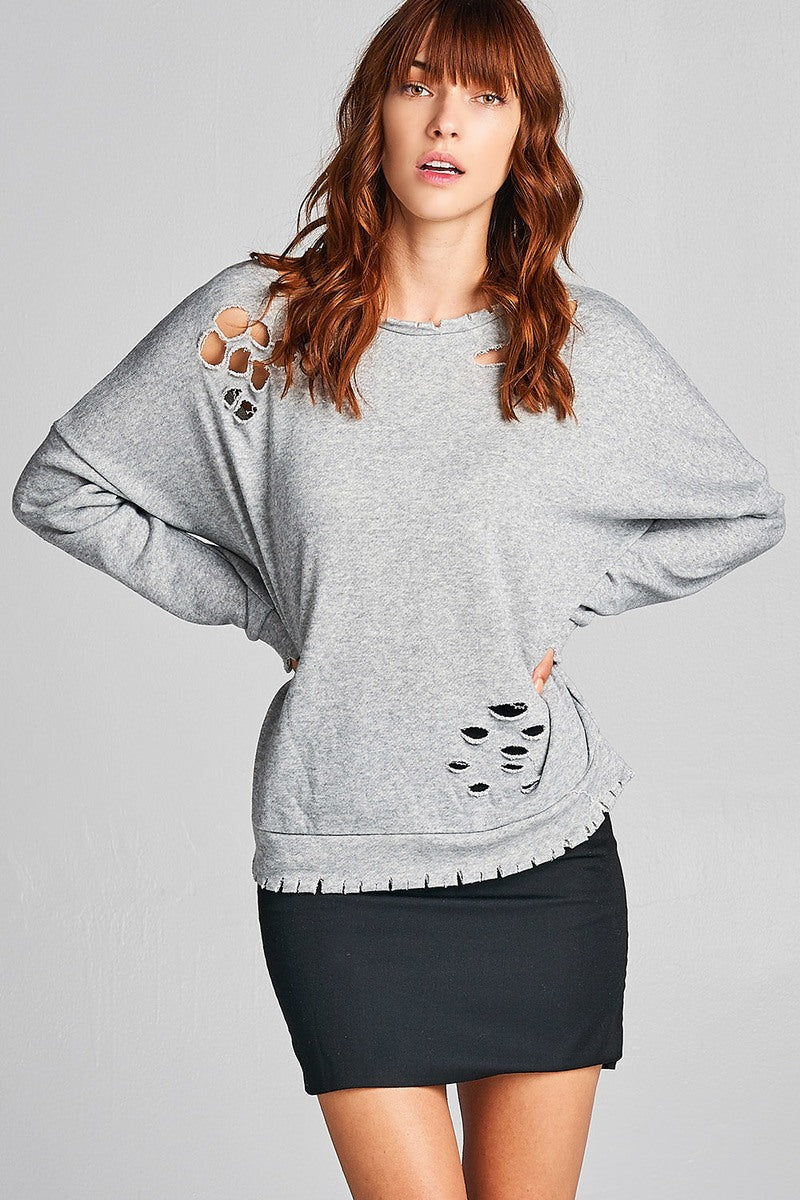 Ladies fshion long sleeve distressed solid french terry top