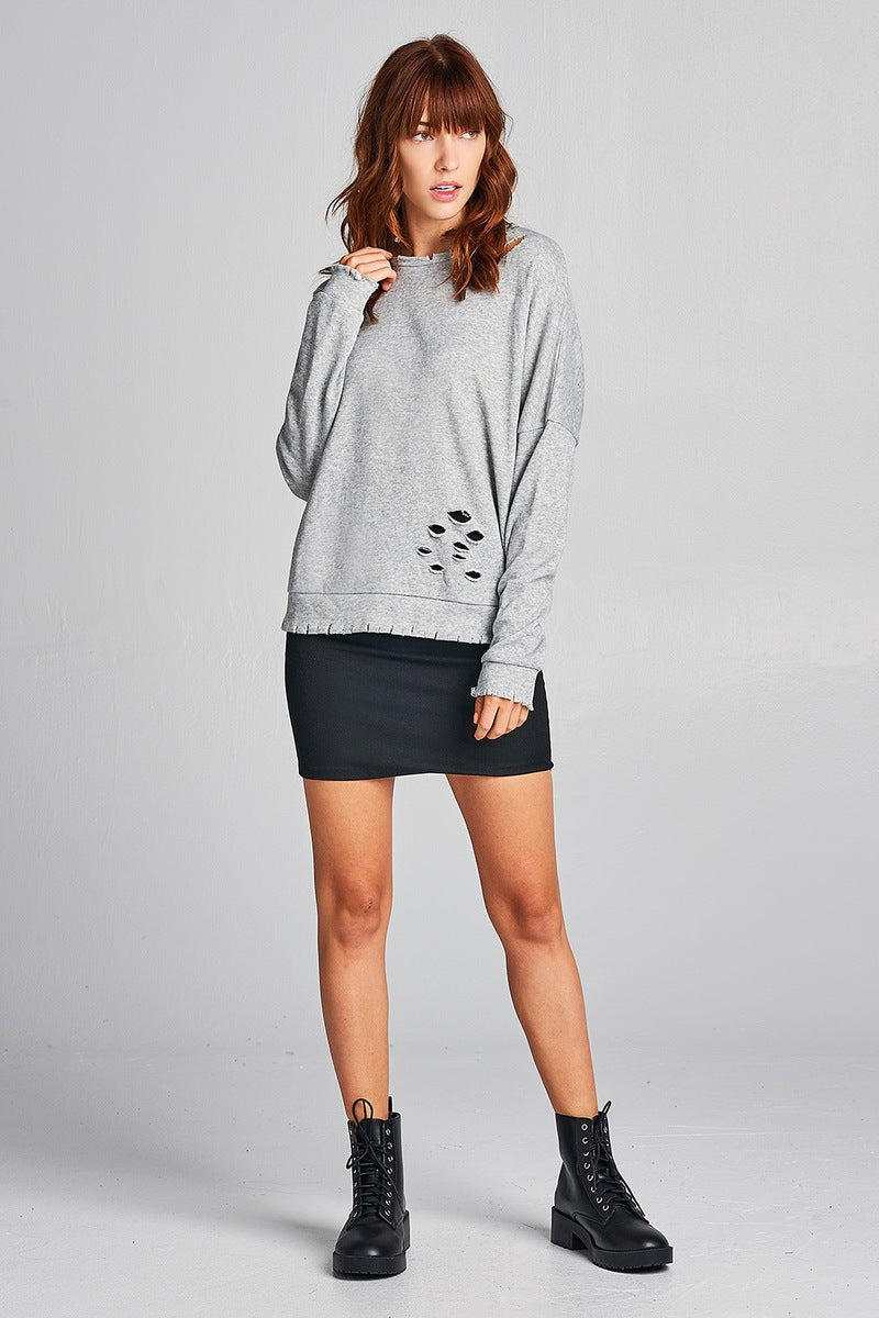 Ladies fshion long sleeve distressed solid french terry top