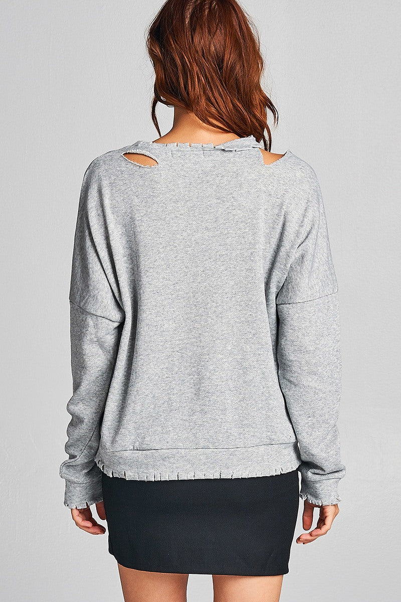 Ladies fshion long sleeve distressed solid french terry top