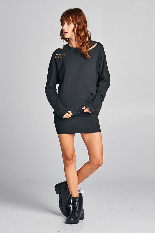 Ladies fshion long sleeve distressed solid french terry top