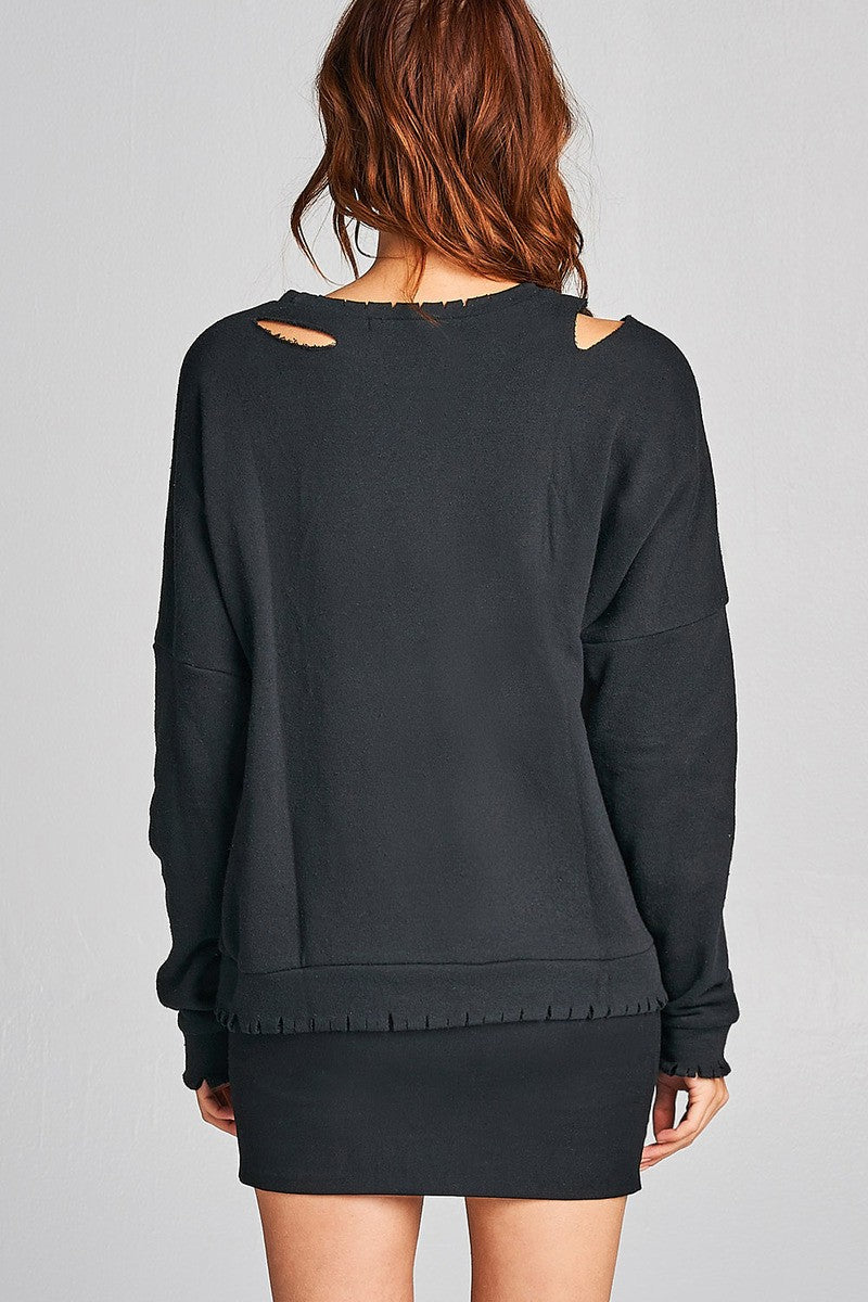 Ladies fshion long sleeve distressed solid french terry top