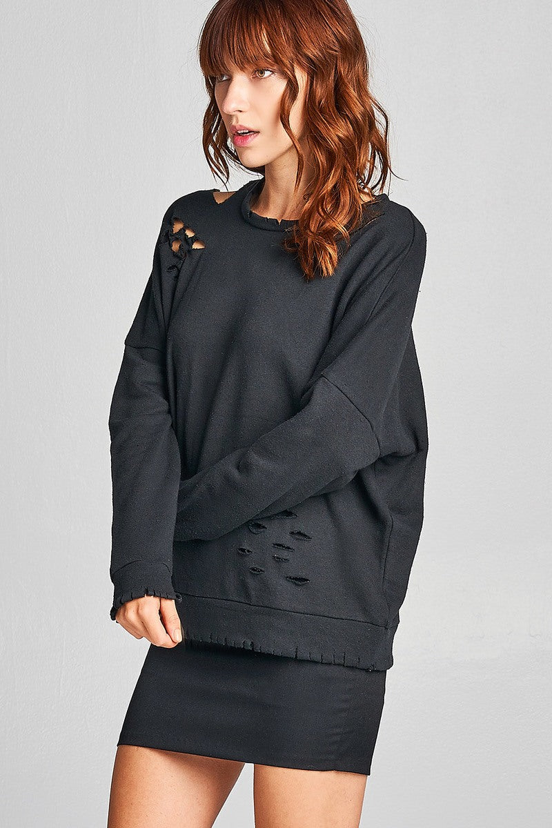 Ladies fshion long sleeve distressed solid french terry top