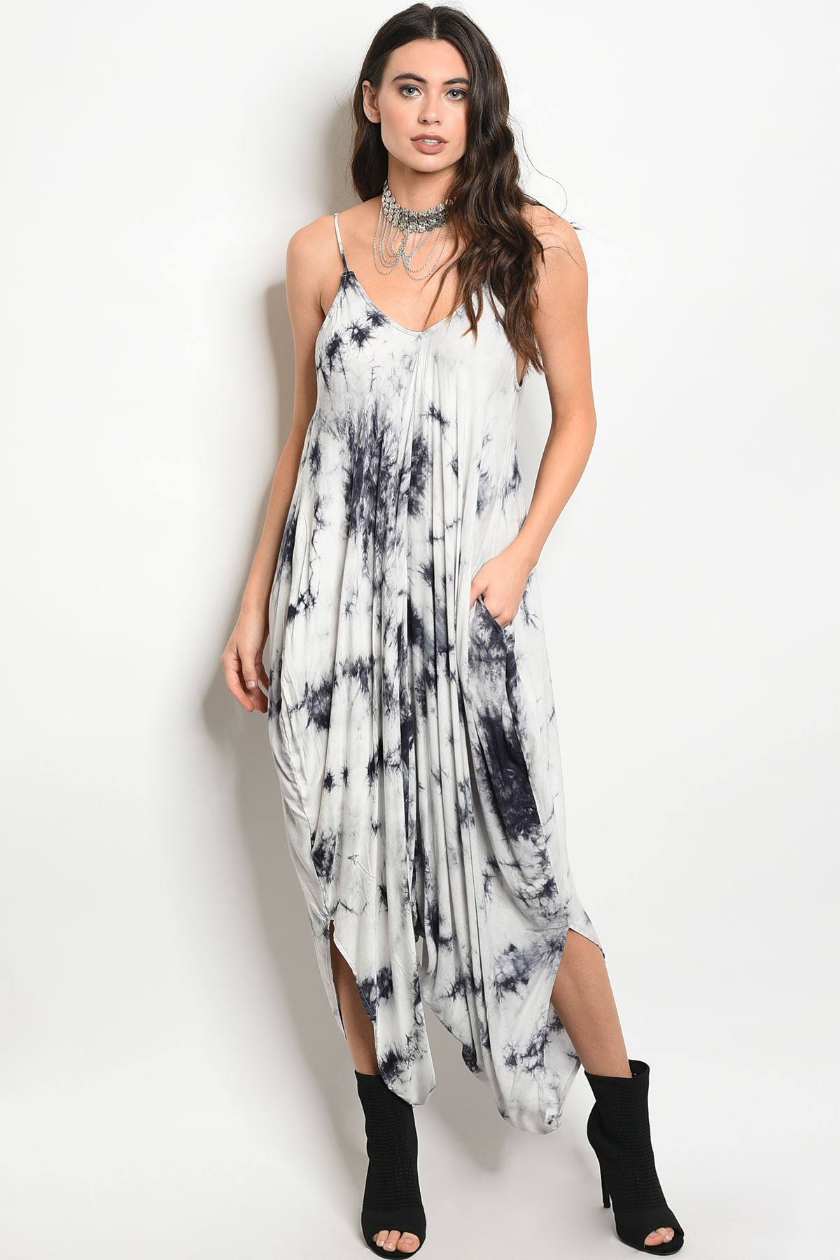 Ladies fashion sleeveless tie dye print relaxed fit jumpsuit with a v- neckline