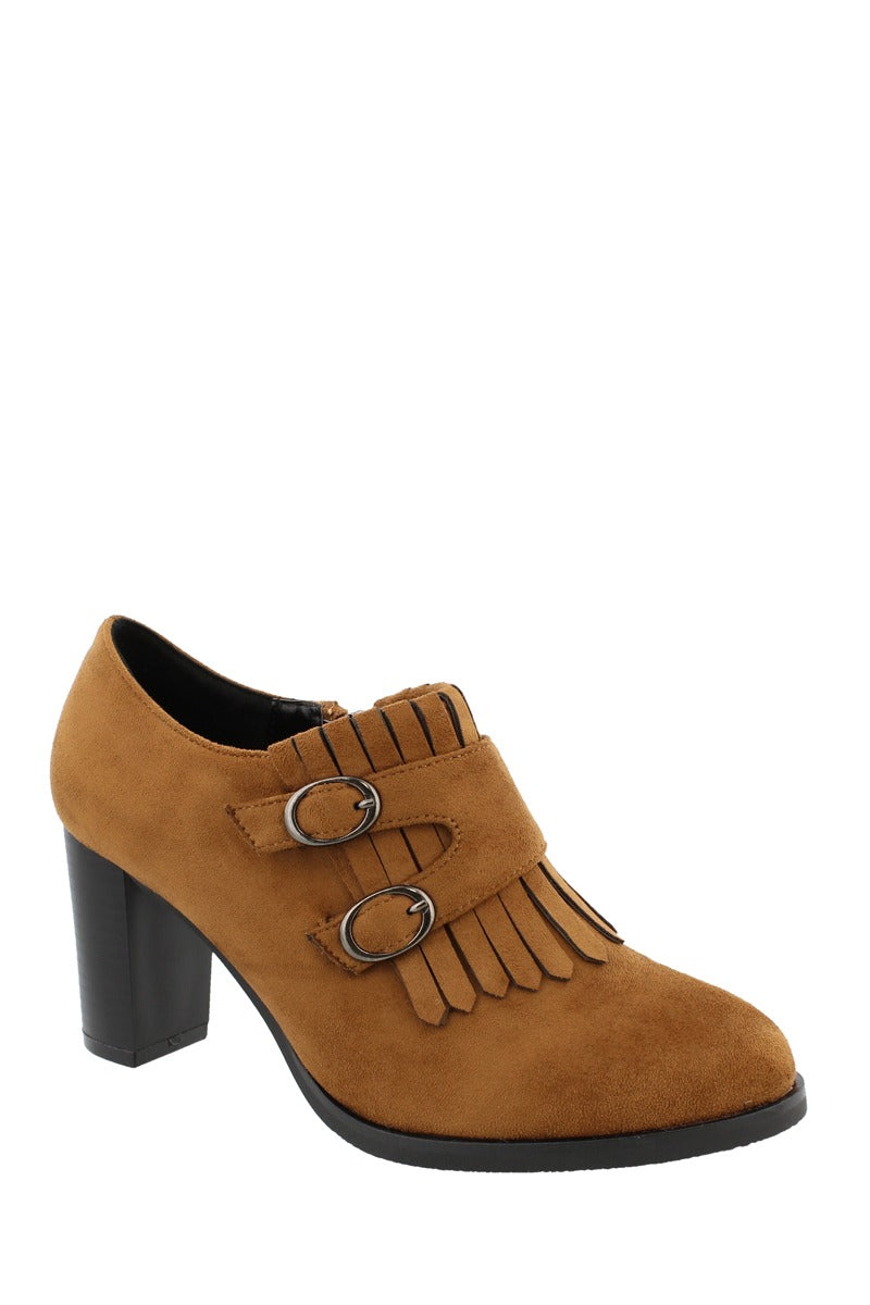 Ladies fashion ankle boot, closed almond toe, block heel, zipper closure, and decorative fringe and buckle detail