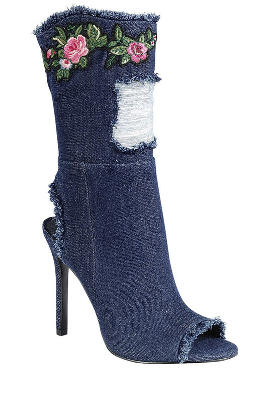 Ladies fashion distressed denim ankle boot, peep round toe, single sole stiletto heel