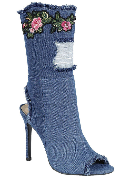 Ladies fashion distressed denim ankle boot, peep round toe, single sole stiletto heel