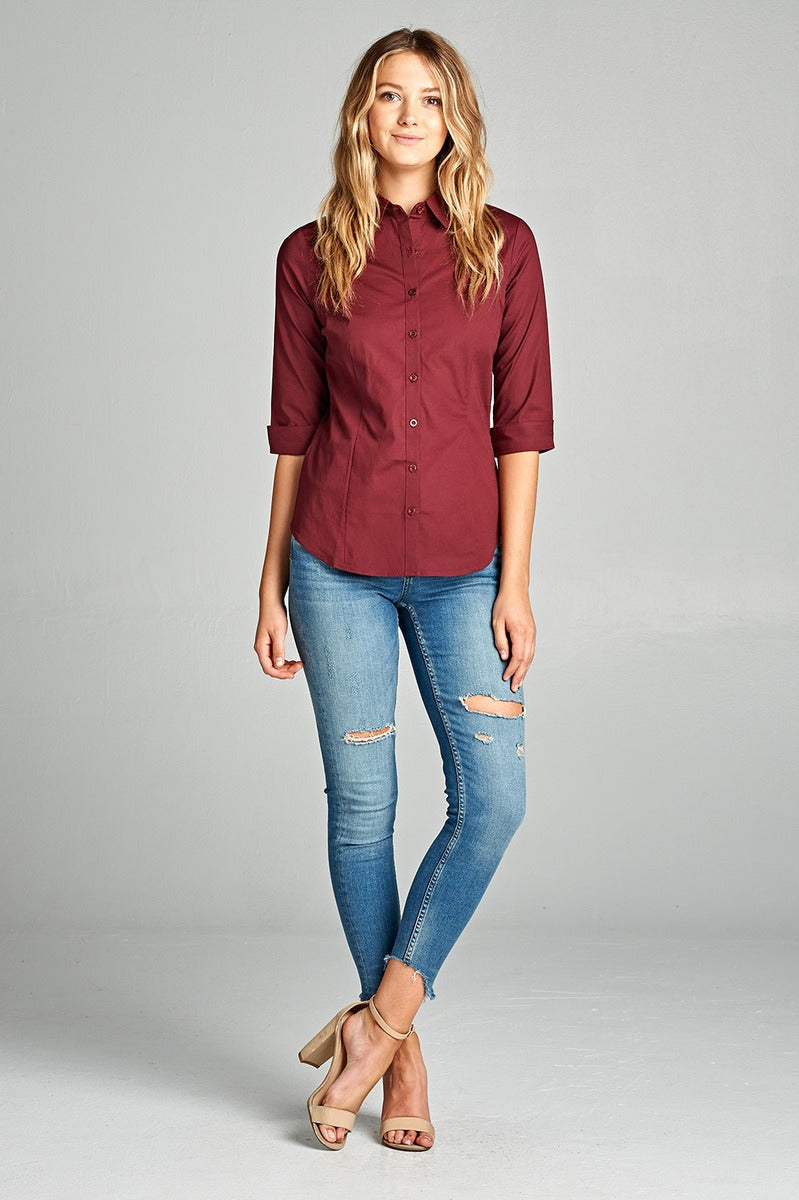 Ladies fashion plus size 3/4 sleeve stretch button down collar shirts