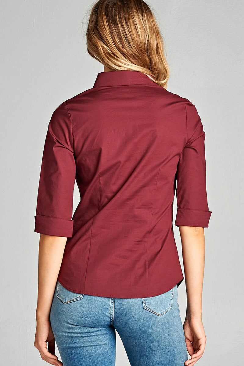 Ladies fashion plus size 3/4 sleeve stretch button down collar shirts