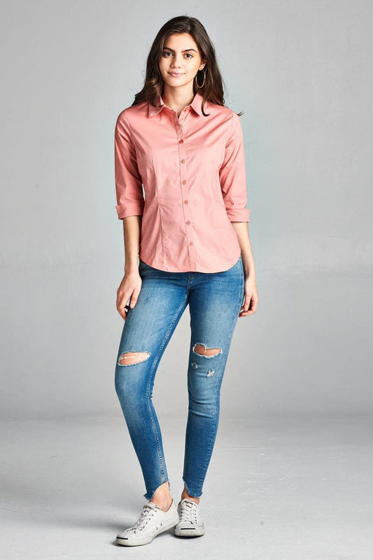 Ladies fashion plus size 3/4 sleeve stretch button down collar shirts