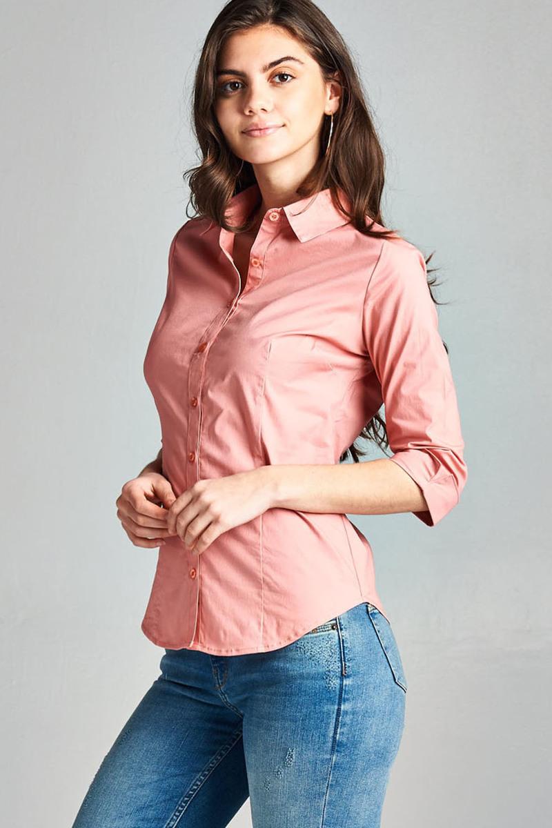 Ladies fashion plus size 3/4 sleeve stretch button down collar shirts