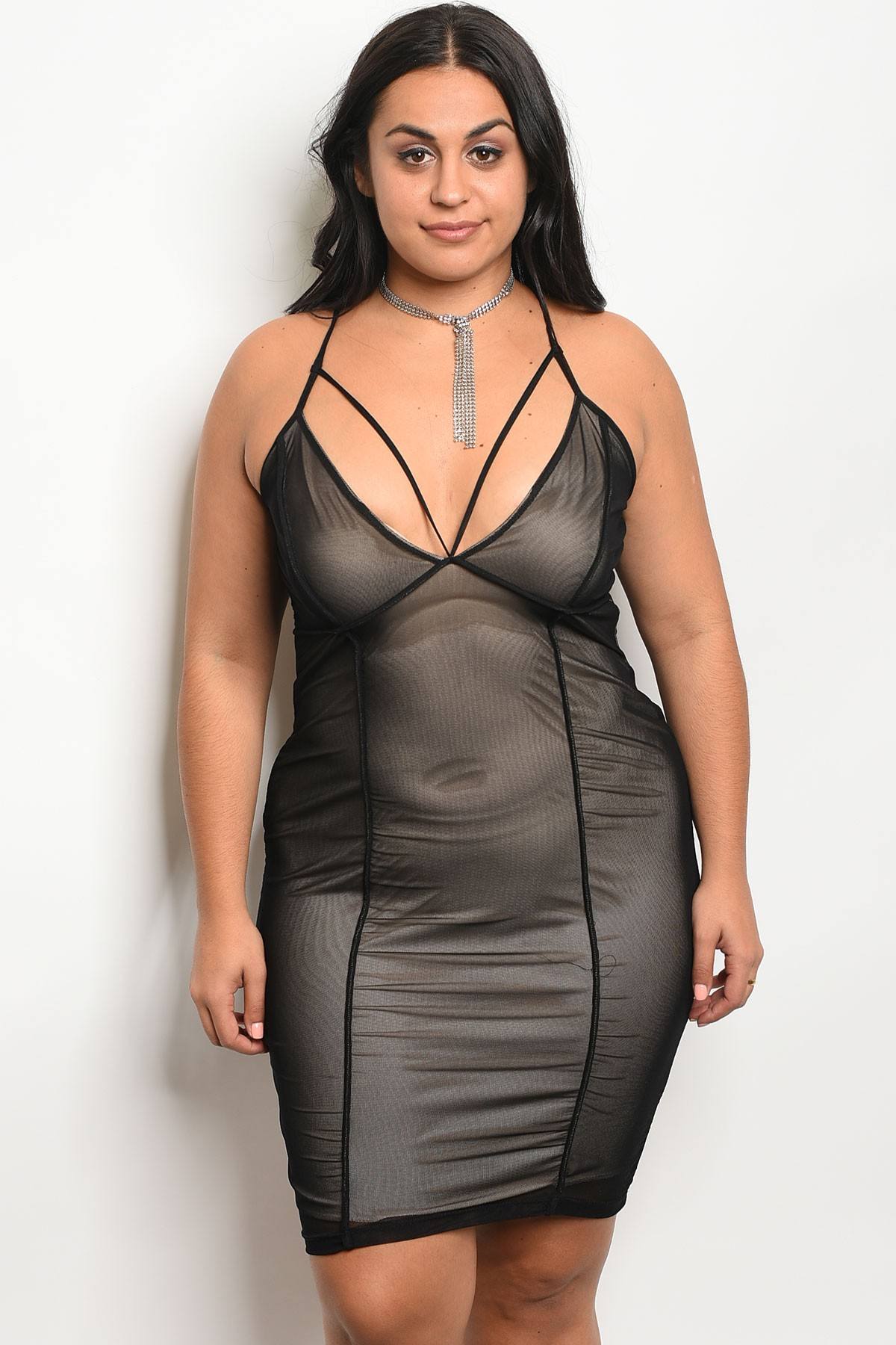 Ladies fashion plus size mesh bodycon dress with a v neckline and nude lining