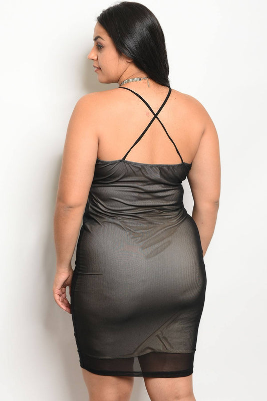 Ladies fashion plus size mesh bodycon dress with a v neckline and nude lining