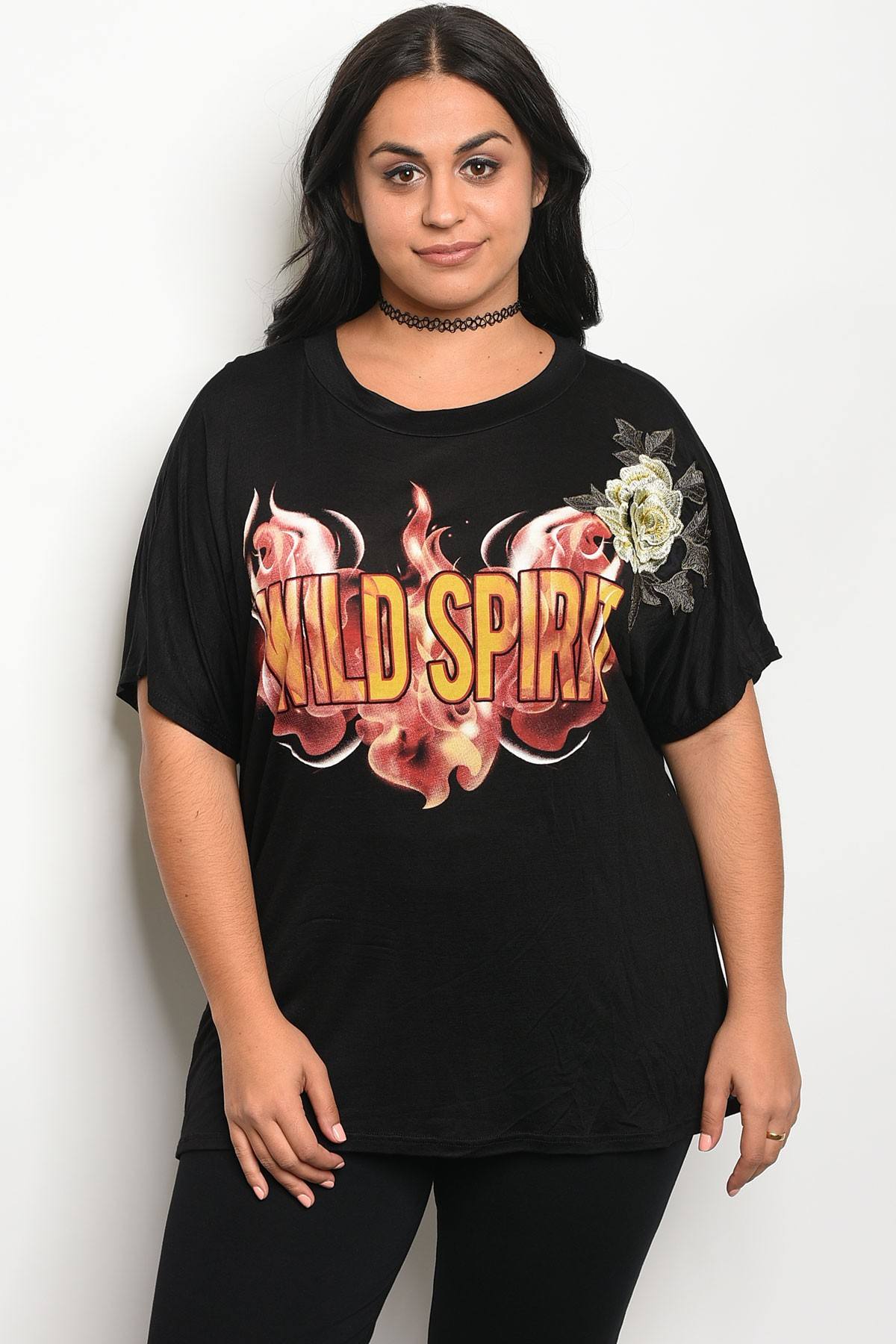 Ladies fashion plus size boyfriend fit graphic print t-shirt with a rounded neckline