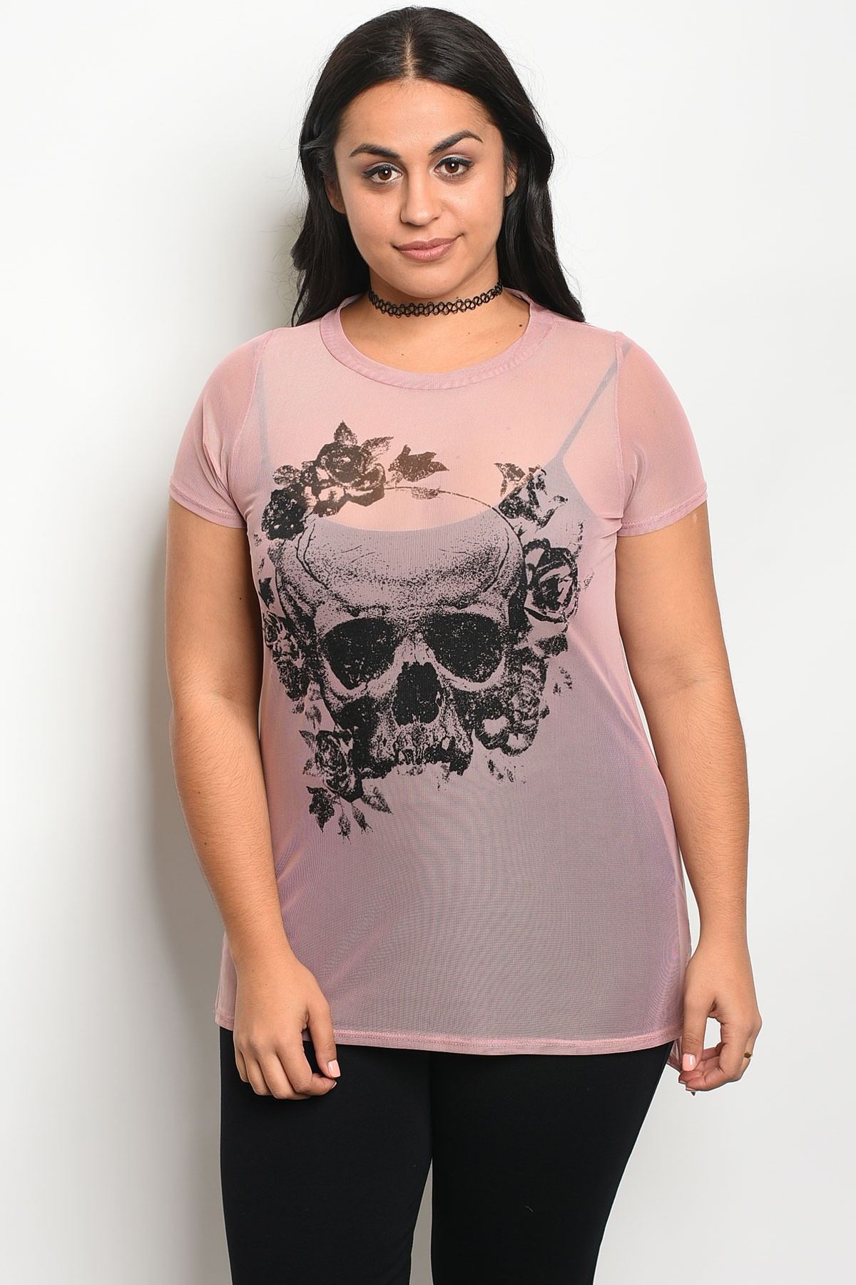 Ladies fashion plus size mesh crew neck unlined graphic print top
