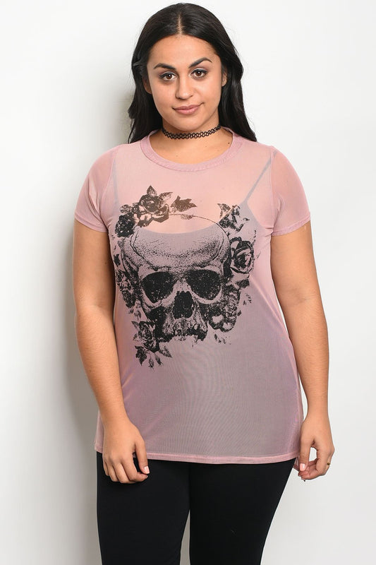 Ladies fashion plus size mesh crew neck unlined graphic print top