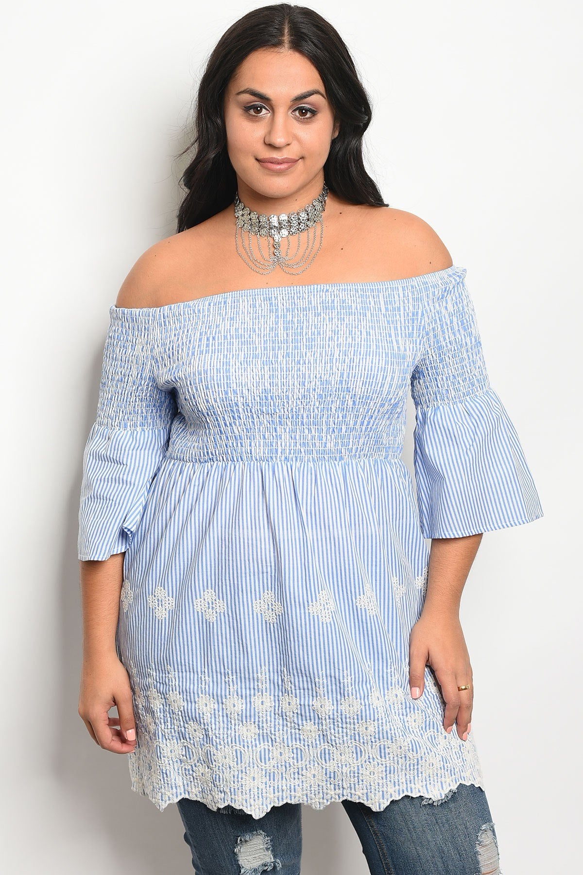 Ladies fashion plus size 3/4 sleeve off the shoulder top with lace details