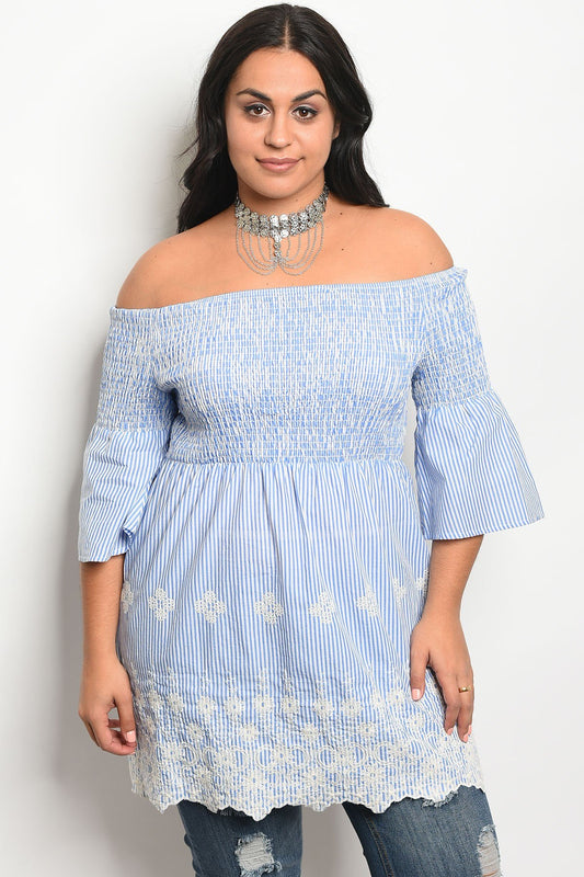 Ladies fashion plus size 3/4 sleeve off the shoulder top with lace details