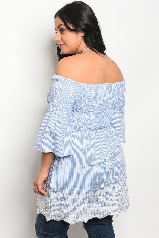 Ladies fashion plus size 3/4 sleeve off the shoulder top with lace details